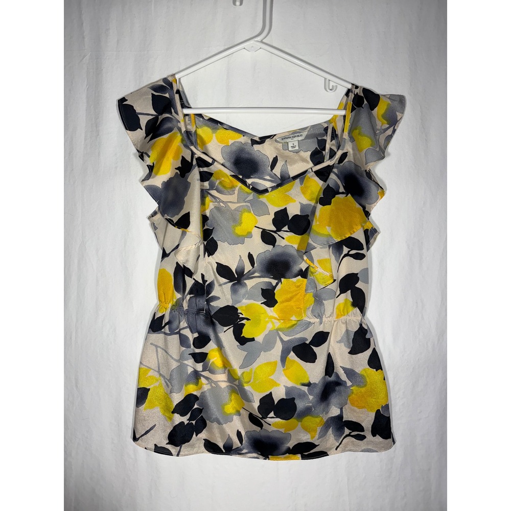 Banana Republic Floral Ruffle Peplum Blouse Yellow Grey Black Sleeveless Top S